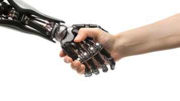 A handshake between a human hand and a robotic hand, isolated on a transparent background png