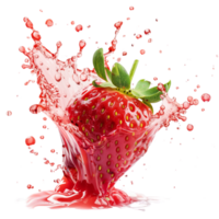 A fresh strawberry with vibrant strawberry juice splashing around it, isolated on a transparent background png