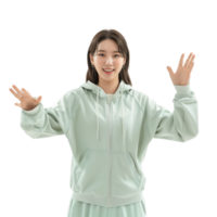 A Korean woman in a tracksuit is gesturing, with a smile on his face, front, isolated on a transparent background png