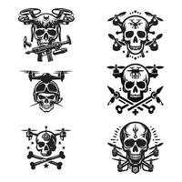 set of drones with skull logo design style template black and white vector