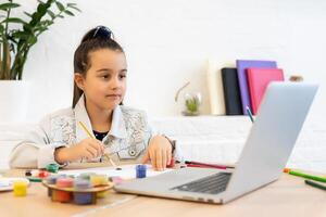 Serious little girl handwrite study online using laptop at home, cute happy small child take Internet web lesson or class photo