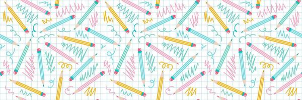 Multicolored pencils with an eraser on white background in cage, seamless pattern vector