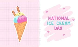 National Ice Cream Day greeting card. A waffle cone with various balls of fruit ice cream. Illustration for backgrounds, packaging, posters and stickers. Isolated on white background. vector