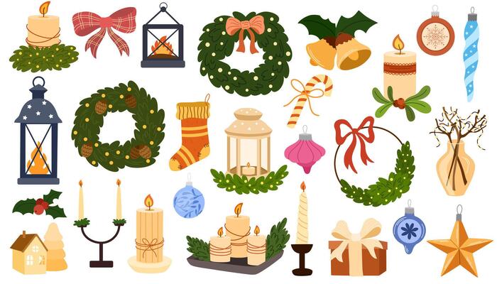 Christmas festive flat decorations set. Winter season stickers isolated on white background. New Year and Xmas traditional decor bundle. Fir tree baubles, wreaths, toys, candles design elements
