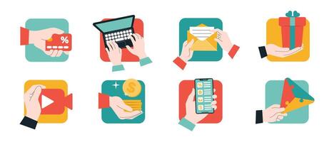 Set of business concept simple illustration with hands. Creative icons for web vector