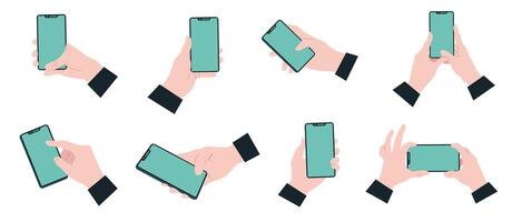The set of Business Hands Holding and Using Phone. Collection icons in a Flat design vector