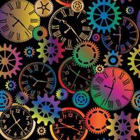Bright gradient color metallic mechanical gears and clocks seamless pattern on black background vector