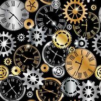 Silver and gold metallic mechanical gears and clocks seamless pattern on black background vector