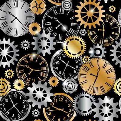 Silver and gold metallic mechanical gears and clocks seamless pattern on black background