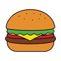 full of flavor appetizing burger covered with sesame seeds with beef cutlet, yellow cheese, red tomato, lettuce, cucumber, bun with a crispy crust, illustration on white background isolated vector