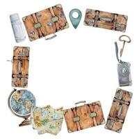 Old vintage suitcases with stickers and pins, photo camera, map, flask. Watercolor hand drawn illustration. Square frame. Design for tourism, travel brochure, booklet, wedding guide, print, card. vector