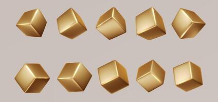 Golden cubes realistic 3D. Blocks of yellow metal from different isometric angles. Golden square shapes metal design vector
