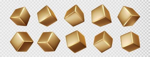 Cube gold metal collection. Realistic geometric square shapes. Golden 3d design elements isolated vector
