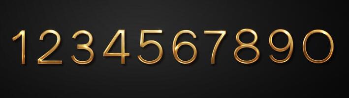 Luxurious gold number. Realistic 3d numbers from zero to nine isolated on black background. Birthday golden numbers set vector