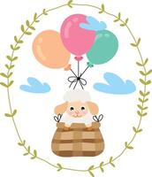 Cute sheep flying in basket with balloons inside a oval leaves border vector