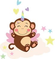 Cute unicorn monkey sitting on cloud vector