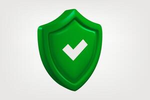 Green shield with white checkmark isolated on white background. Approved concept. 3d banner vector