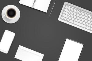 Office supplies. Different business stuff on a table with copy space. 3d background vector