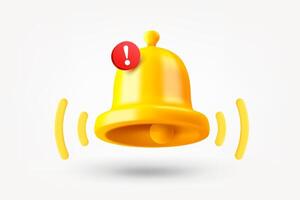 Golden shining notification bell with exclamation point. 3d illustration isolated on white background vector