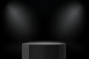 Dark studio with black podium and projectors. 3d vector