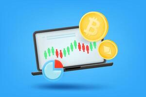Online trading concept with laptop, cryptocurrency and color charts. 3d illustration vector