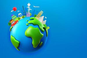 World travel concept with different world sights. 3d banner with copy space vector