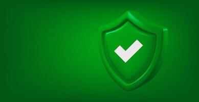 Green shield with white checkmark isolated on green background. Approved concept. 3d banner with copy space vector