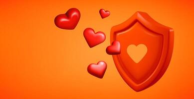 Red shield protecting against red hearts. 3d banner with copy space vector