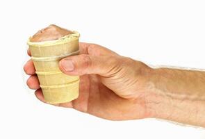 Cocoa ice cream in a waffle cup in hand isolate photo