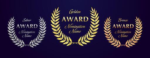 Set of metallic colored awards with pixel texture. Golden, silver and bronze symbol. Digital rewards creative concept. Isolated elements. Palm leaves with block pattern and clipping mask. Modern sign. vector