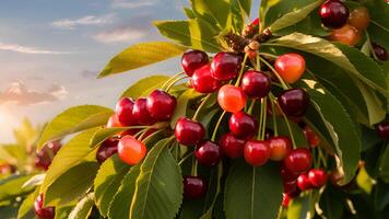 a bunch of cherries on a tree photo