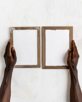Hands Placing Blank Photo Frames on Wall for Mockup