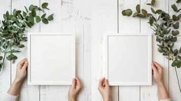 Hands Placing Blank Photo Frames on Wall for Mockup