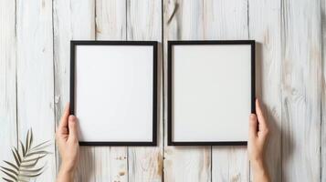 Hands Placing Blank Photo Frames on Wall for Mockup