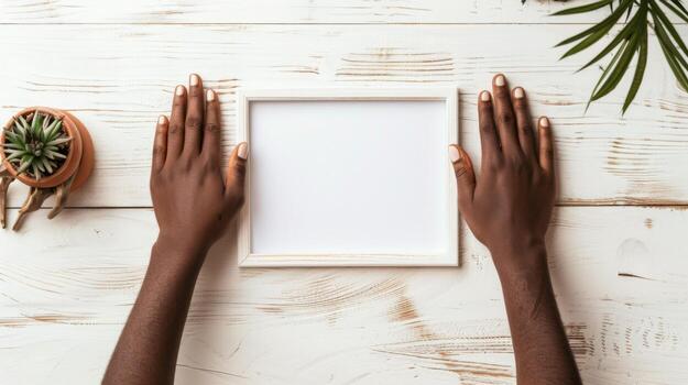 Hands Placing Blank Photo Frames on Wall for Mockup