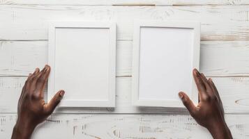 Hands Placing Blank Photo Frames on Wall for Mockup