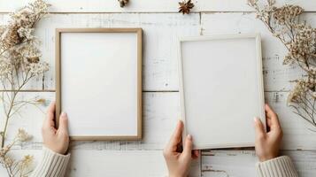 Hands Placing Blank Photo Frames on Wall for Mockup