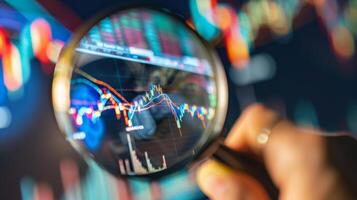 Close-Up of Magnifying Glass Focused on Stock Market Indicators with Blurred Background photo
