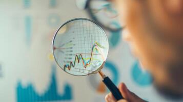 Close-Up of Magnifying Glass Focused on Stock Market Indicators with Blurred Background photo
