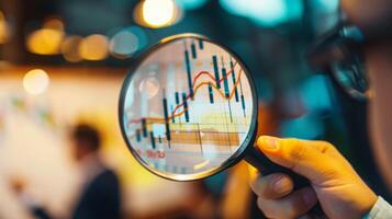 Close-Up of Magnifying Glass Focused on Stock Market Indicators with Blurred Background photo