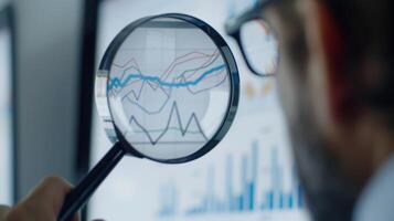 Close-Up of Magnifying Glass Focused on Stock Market Indicators with Blurred Background photo