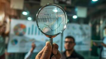 Close-Up of Magnifying Glass Focused on Stock Market Indicators with Blurred Background photo