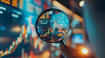 Close-Up of Magnifying Glass Focused on Stock Market Indicators with Blurred Background photo