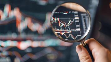 Close-Up of Magnifying Glass Focused on Stock Market Indicators with Blurred Background photo