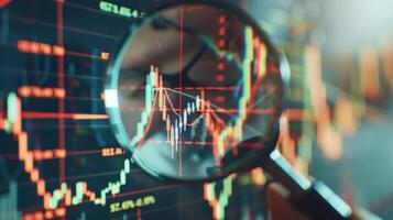 Close-Up of Magnifying Glass Focused on Stock Market Indicators with Blurred Background photo
