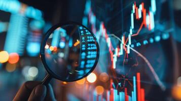 Close-Up of Magnifying Glass Focused on Stock Market Indicators with Blurred Background photo