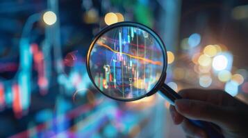 Close-Up of Magnifying Glass Focused on Stock Market Indicators with Blurred Background photo