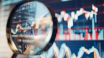 Close-Up of Magnifying Glass Focused on Stock Market Indicators with Blurred Background photo