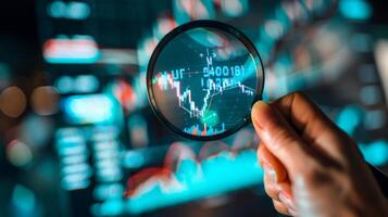 Close-Up of Magnifying Glass Focused on Stock Market Indicators with Blurred Background photo