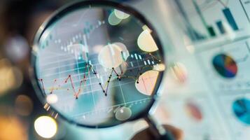 Close-Up of Magnifying Glass Focused on Stock Market Indicators with Blurred Background photo